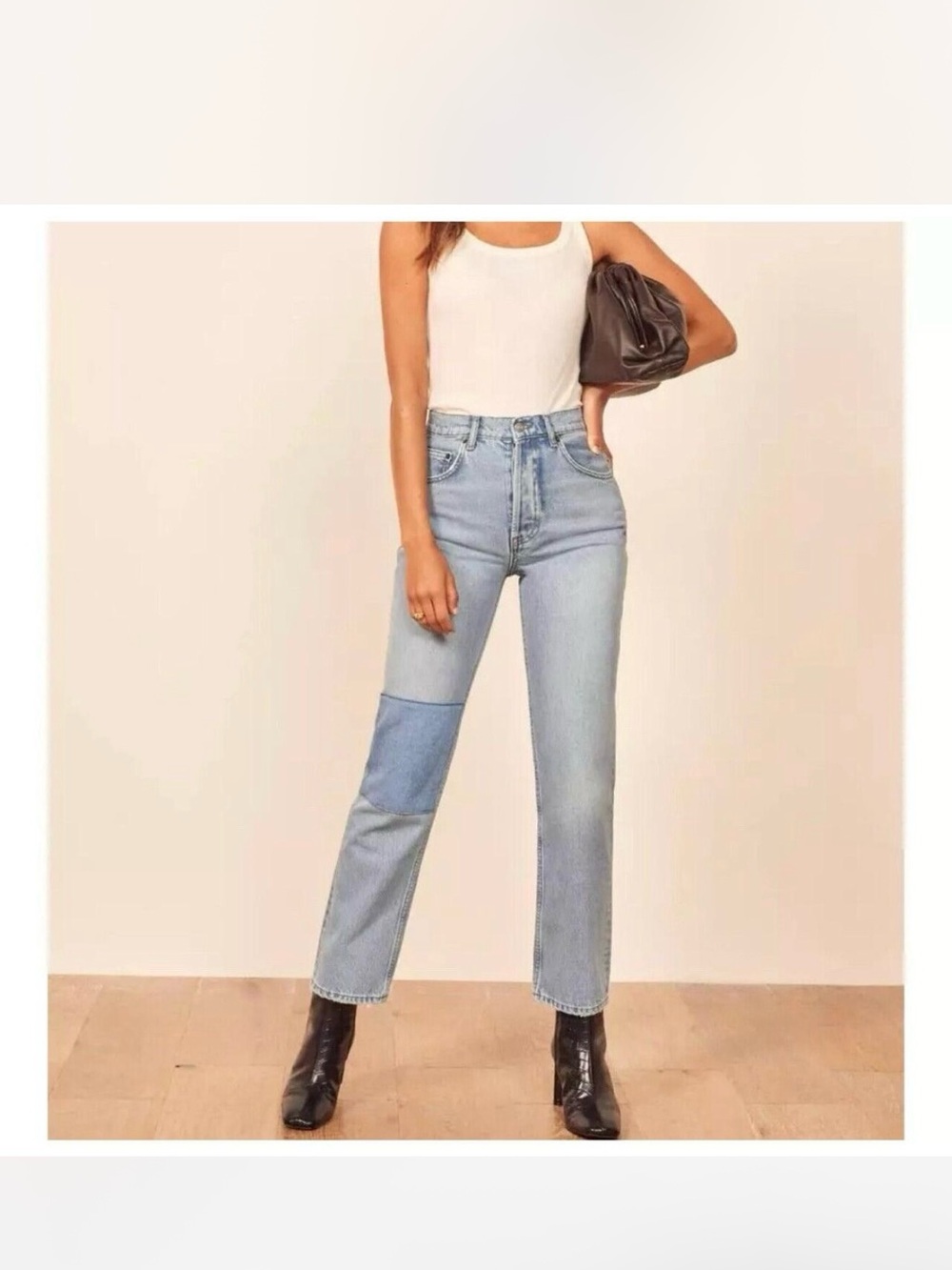 Reformation Cynthia Patch High Rise Straight Jeans Light Wash Size 28